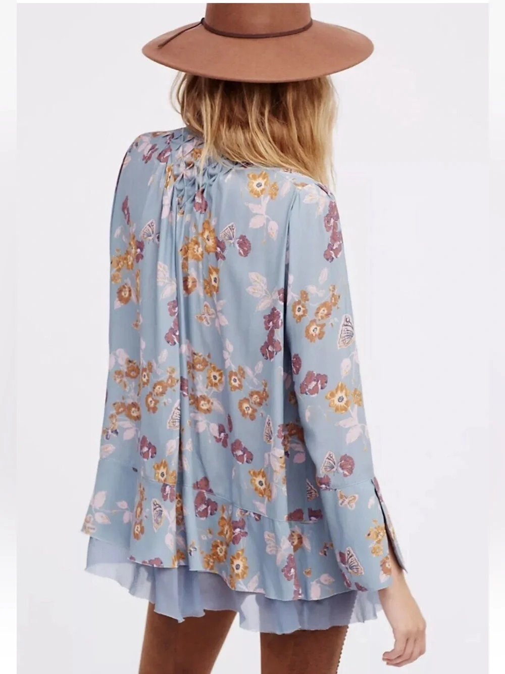 Free People Pebble Crepe Boho Floral Smocked Tunic Top Size Small
